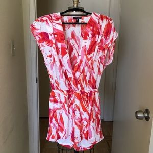 Aqua Pink White Orange Abstract Print Romper, Medium